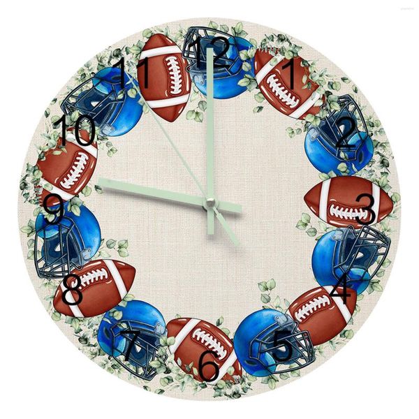 Wanduhren Eukalyptusblatt American Football Große runde leuchtende Nadeln Uhr Dekor Zimmer hängende Ornamente Stille