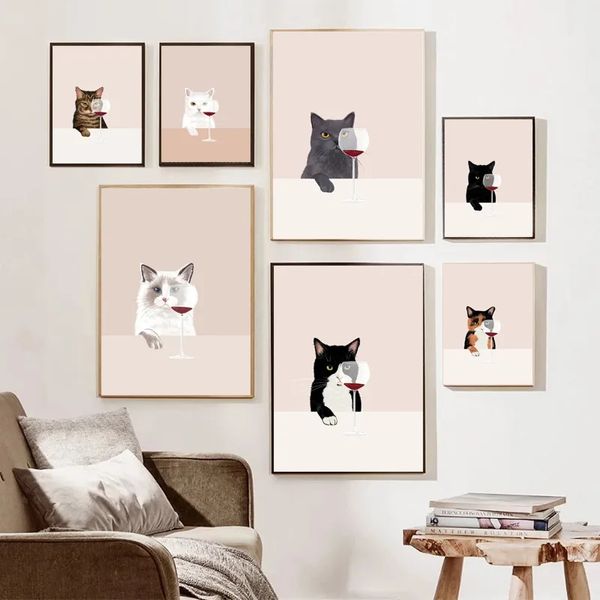 Lustiges Tier-Leinwandgemälde, schwarze weiße Katzen, Rotwein, Poster und Drucke, Wandkunst, gedruckte Bilder für Katzenliebhaber, Wohnzimmer, Heimdekoration, Wo6