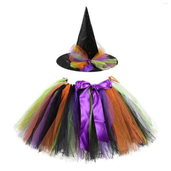 Vestidos para meninas Saia infantil Meninas Halloween Malha Tutu Chapéu de bruxa 2 peças Conjunto Cosplay Performance Vestir-se para roupas infantis