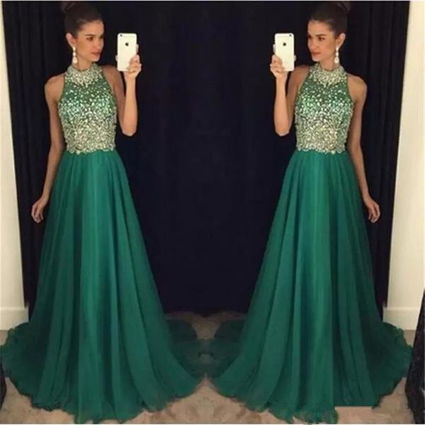 Bling verde smeraldo abiti da ballo lunghi 2022 collo alto in rilievo di cristallo abiti da sera formali da donna velati una linea di chiffon vestito da partito219l