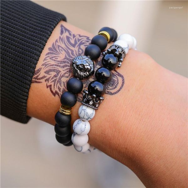 Strand Black Frosted Stone White Turquoise Zircon Crown Set di bracciali con testa di leone Accessori creativi personalizzati