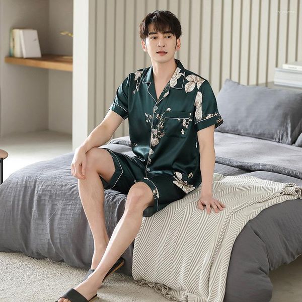 Herren-Nachtwäsche, Herren-Pyjama-Set mit grünem Print, Satin-Pyjama, Umlegekragen, kurze Ärmel, Nachtwäsche, 2-teilig, Homewear