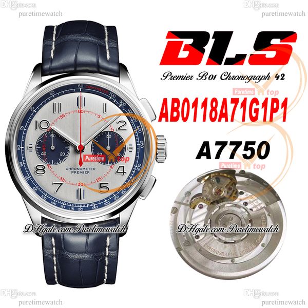 BLS V2 Premier B01 ETA A7750 Automatik-Chronograph Herrenuhr 42 Silber Blaues Zifferblatt Leder Mulliner Limited AB0118A71G1P1 Super Edition Reloj Uhren Puretime F6