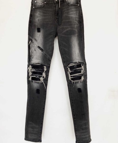 Lüks Tasarımcı Erkek Kot Pantolon Sıska Diz Gri Fermuar Büyü Deri Yorgan Deliği Moda Jean Erkekler Tasarımcılar Kumaşları
