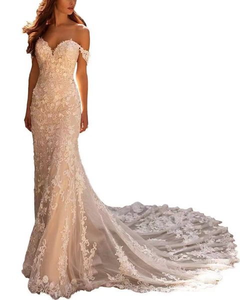 2023 pizzo scintillante strass di cristallo sirena abiti da sposa plus size al largo della spalla pizzo overskirts abiti da sposa spiaggia di dubai boho lusso vestidos de novia