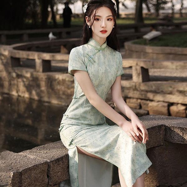 Abbigliamento etnico Donne cinesi Stampa Fiore Cheongsam Vestidos Colletto alla coreana vintage Qipao Abito tradizionale per ragazze quotidiane Abito asiatico