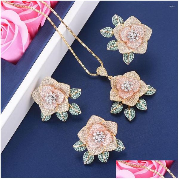 Orecchini Collana Set Set di gioielli di moda per le donne Forma di fiore Fl Cubic Zirconia Anello Fidanzamento Drop Delivery Jewelry Dhgarden Dhgrp