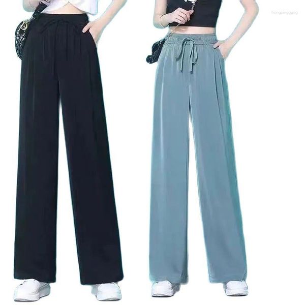 Pantaloni da donna Vita alta Lce Seta Gamba larga Donna 2023 Primavera Estate Dritto Sag Pantaloni da donna per il tempo libero allentati sottili Trendy