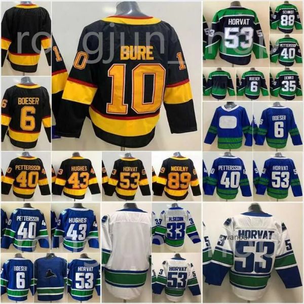 Vancouver''canucks''custom Hockey 53 Bo Horvat Jersey 6 Brock Boeser 40 Elias Pettersson 43 Quinn Hughes 35 Thatcher Deo Reverse Retro Team Blue Whi