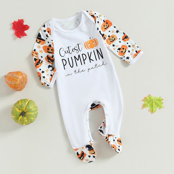 Macacão Suefunskry Infant Baby Boys Girls Halloween Clothes Casual Letter Pumpkin Print Romper Footies Manga Longa Macacões 0 12Meses 230808