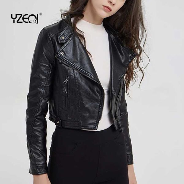 Couro Feminino Couro Sintético Yzeqi Estilo de Rua Feminino Curto Motocicleta Jaqueta de Couro PU Moda Outono Casaco de Couro Macio Feminino Feminino Com Zíper Preto Outerwear HKD230808