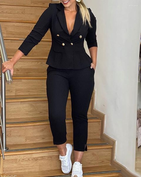 Damen Zweiteilige Hosen Zweireihiger Blazer Mantel Set Frauen Einfarbig Büro Smart Casual Langarm Jacke Hohe Taille