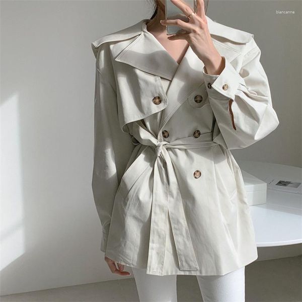 Trench Coats feminino 2023 primavera coreano feminino bege damasco casaco fino com faixas lapela trespassado manga longa blusão feminino