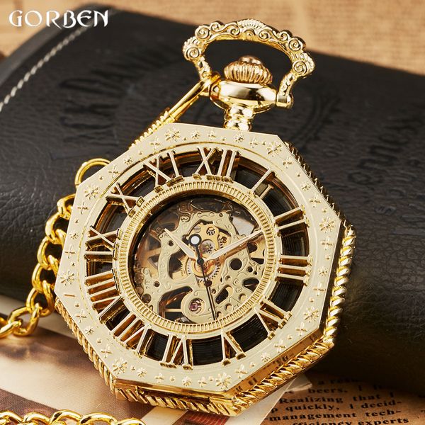 Taschenuhren, klassische sechseckige mechanische Taschenuhr, FOB-Kette, Steampunk, römisches Zifferblatt, Skelett, goldener hohler Stahl, Herren-Taschenuhr 230807