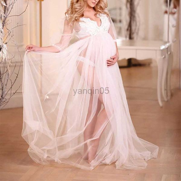 Umstandskleider Weiße Umstandskleider für Fotoshootings, Spitze vorne, geteiltes Schwangerschaftskleid, Tüll-Maxikleid für schwangere Frauen, Fotografie-Requisiten HKD230808