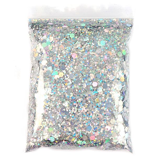 Nail Glitter 50G Holographic Mixed Hexagon Shape Chunky Silver Paillettes Laser Sparkly Flakes Fette Manicure Nails Art Decoration 230808