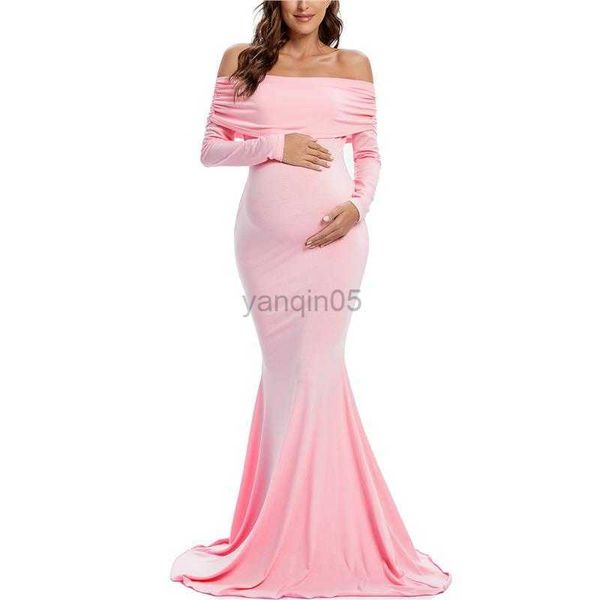 Vestidos para Grávida Liu Qu Ombros Baixos Fotografia para Grávida Sessão de Bebê Vestido de Grávida Manga Comprida Ruched Vestido de Grávida HKD230808