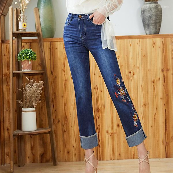 Jeans Feminino Marca FERZIGE Bordado Calça Flor Original Punhos Cintura Alta Feminino Doce Magro Reto Senhora Plus Size 36