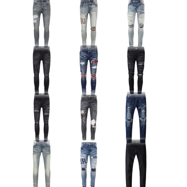 Miri Jeans Herren-Jeans, Designer-Jeans, Luxus-Designer-Denim-Hosen, hochwertige Herren-Röhrenjeans, Used-Look, zerrissene Biker-Jeans, Schwarz, Blau, Lila, schmale Jeans, Größe 30–40