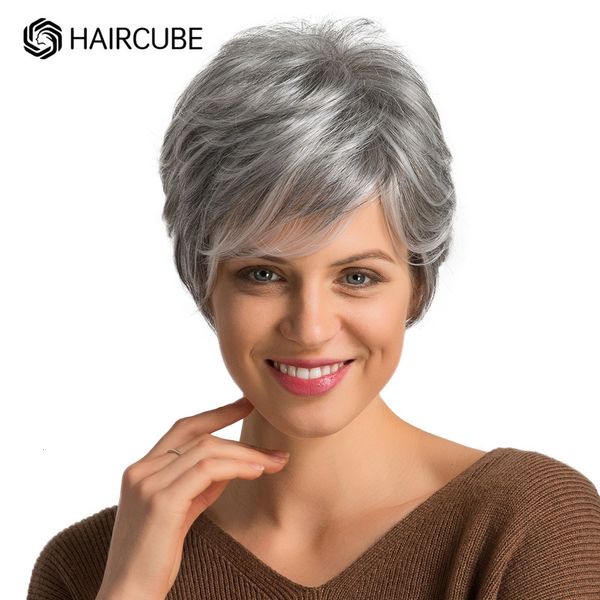 Perucas masculinas infantis HAIRCUBE peruca de cabelo grisalho curto com franja Silver Ash Pixie para mulheres sintético misturado com alta temperatura humana 230807