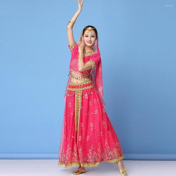 Bühnenkleidung Frauen Pailletten Bauchtanz Kleidung Set Gold Blumendruck abgeschnitten Tops lange Maxiröcke Indien Performance-Anzug