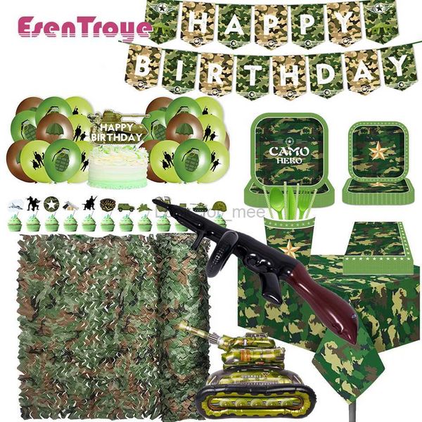 Decorações de aniversário de camuflagem Rede de camuflagem Tanque grande Avião Balões de alumínio Pára-quedas Meninos Crianças Militar Exército Festa Caça lembrancinhas HKD230808