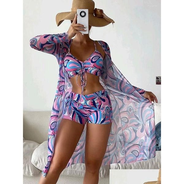 Roupa de banho feminina conjunto de biquíni sexy 3 pçs moda praia cintura alta biquínis alça fina triângulo tanga biquíni maiô banho Su Dhmpf