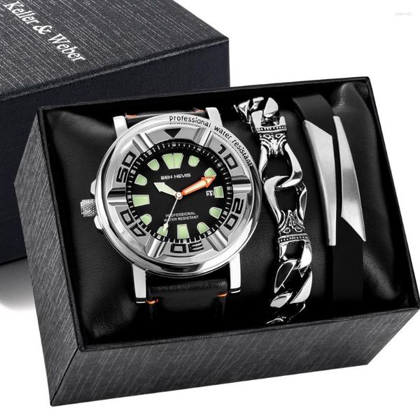 Armbanduhren Leuchtende Uhr für Männer Wasserdichte Luxus Rindslederband Quarz mit Armband Set Geschenk Freund Reloj Hombre