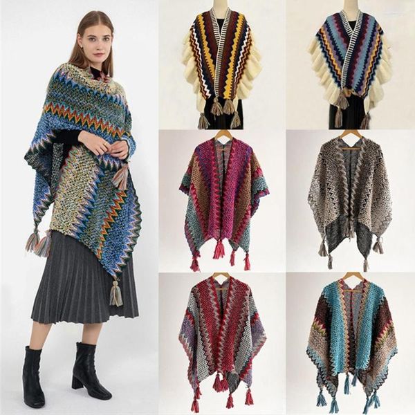 Cachecóis Bohemian Faux Cashmere Vintage Tassel Xaile Inverno Quente Étnico Vento Poncho Feminino Engrossado Capa De Malha Solta Casaco De Viagem