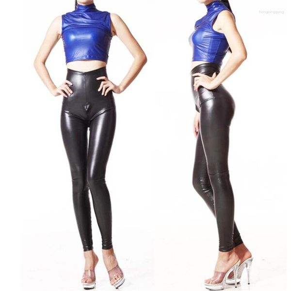 Damenhose, superelastisches Leder, glänzende Gummistoffstruktur, enge Passform, Lateximitation, hoch taillierte Hose