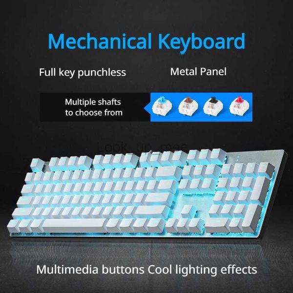 Teclado com fio 104 teclas Teclado mecânico Painel de metal Tecla completa sem perfuração Múltiplos efeitos de luz Jogo Escritório Teclado especial HKD230808