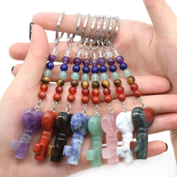 Bolsas para joias Ametista natural Cristal rosa 7 Contas de chakra Pedra Chaveiro Cura Escultura Amuletos em forma de coração