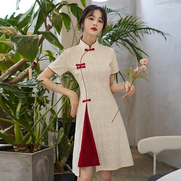 Ethnische Kleidung Vintage chinesische traditionelle lässige Party Frauen Qipao Kleid Sommer Stehkragen Kurzarm Cheongsam CNY