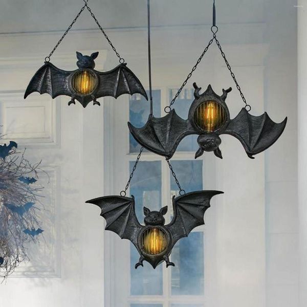 Decorazione per feste Halloween Horror Pipistrello Ciondolo leggero Resina per esterni Lanterna a led nera Decorazione frontale Puntelli per la casa