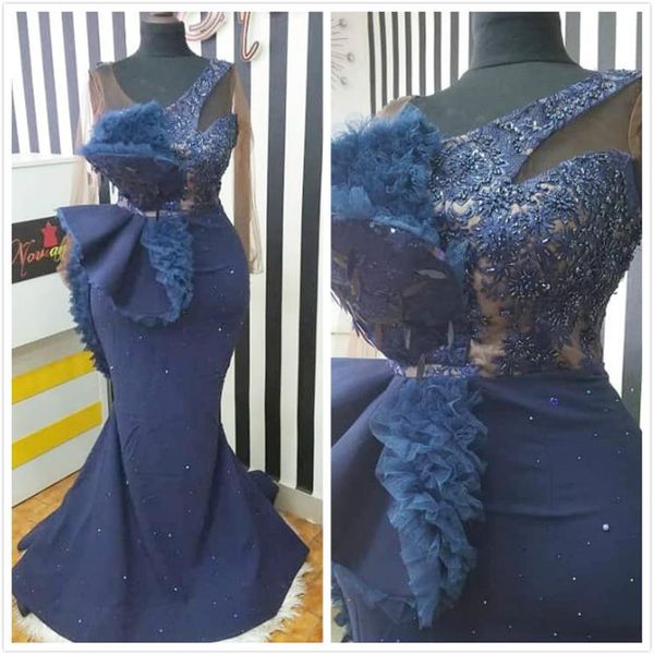 2019 Aso ebi Arabic Navy Blue Cheape вечерние платья кружевные русалки с бисером русалки Сексуальные формальные вечеринки вторая приемная платья DRES304Q