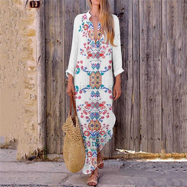 Maxi abito lungo Boho da donna Stile nazionale Stampa floreale Estate Cotone Lino Party Beach Vestito estivo Abiti eleganti Plus Size 3XL T230808