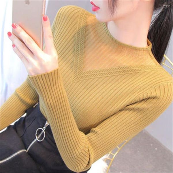Kadın Sweaters Sonbahar Stili İnce Kısa Yarım Yüksek Boyun Gideri Net Uzun Kollu Batı Sweater H1090
