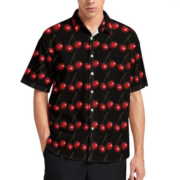 Camisas Casuais Masculinas Camisa Red Sweet Cherry Frutas Naturais Férias Soltas Blusas Havaianas Moda Manga Curta Graphic Top Grande