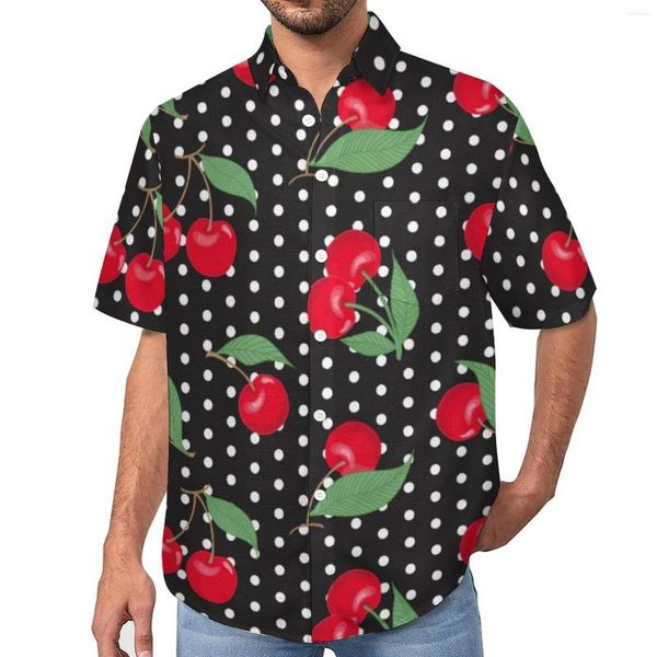Camicie casual da uomo Camicia rossa con frutti di ciliegia Stampa a pois Spiaggia Camicette alla moda estive larghe Camicette oversize stampate a maniche corte