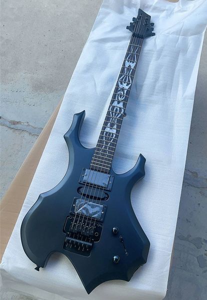 Guitarra elétrica com incrustação de chama preta fosca personalizada especial com ponte tremolo, captadores HSH, pode ser personalizada