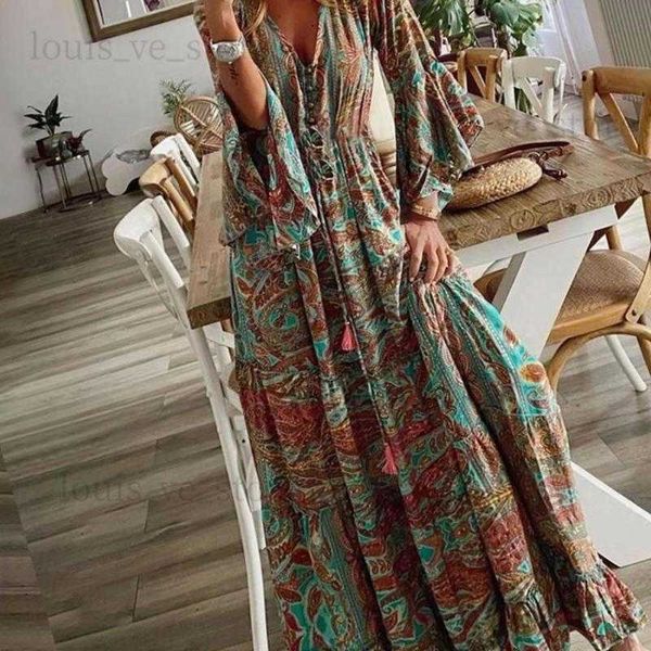 Abiti casual Donna Summer Beach Boho Maxi Dress Donna con scollo a V Stampa floreale Manica a tre quarti Festa lunga per il tempo libero T230808