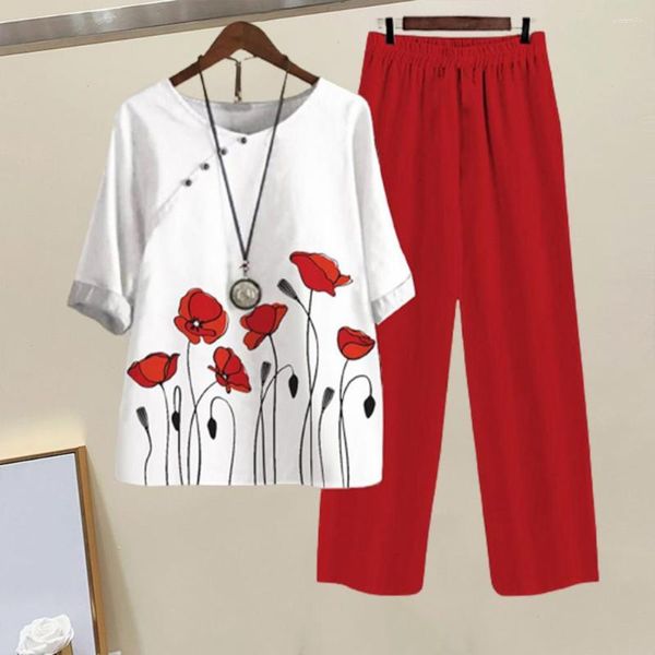 Pantalones de dos piezas para mujer, Top elegante de verano, chándal transpirable, conjunto de camiseta con estampado Floral de Color sólido, ropa de casa