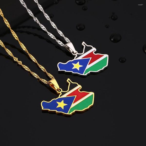 Anhänger Halsketten SONYA Emaille Tropfen Öl Südsudan Karte Flagge Halskette Für Frauen Edelstahl Schmuck Ethnische Party Geburtstag Geschenk