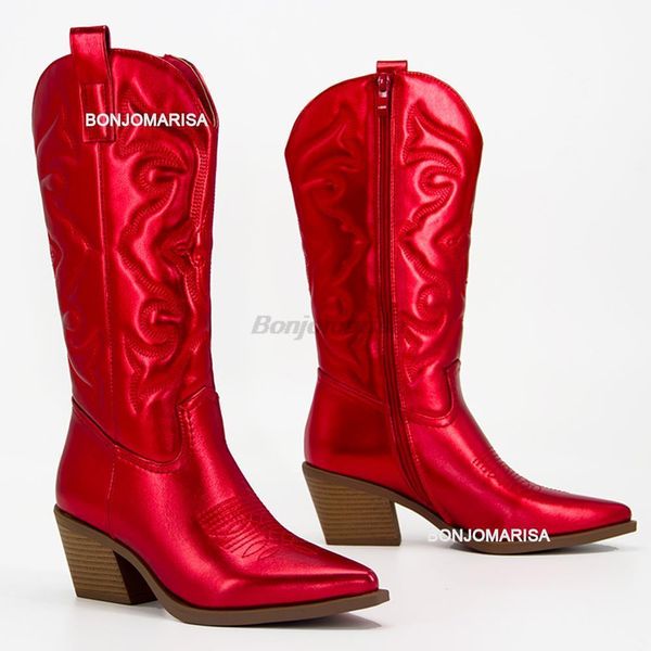 Stiefel Metallic Cowboystiefel Damen Western Für Damen Reißverschluss Gestickte Spitze Zehen Winterschuhe mit Absatz Rosa Rot Gold Metallic 230807