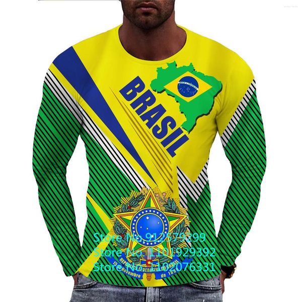 Camisetas Masculinas 2023 Outono Masculino Vintage Bandeira do Brasil Manga Comprida Moda Harajuku Étnico Estampado Brasil Tee