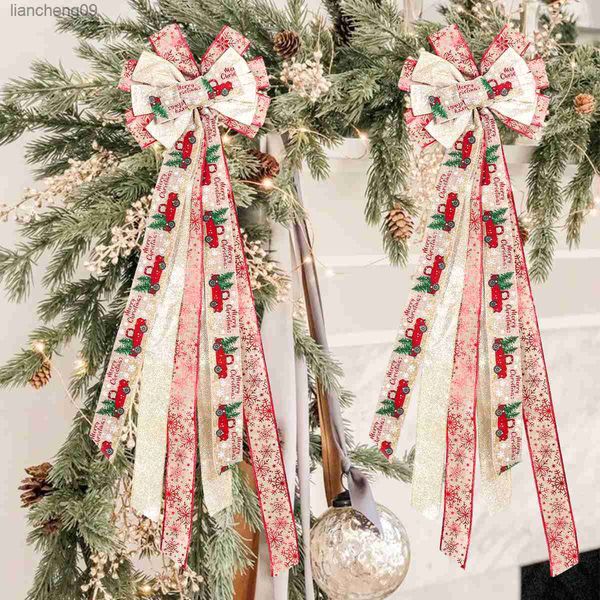 Fiocco di Natale Ornamenti per l'albero di Natale Grande fiocco di nastro di Natale Bordo dorato Decorazione natalizia 2023 Navidad Natal Capodanno 2024 L230620