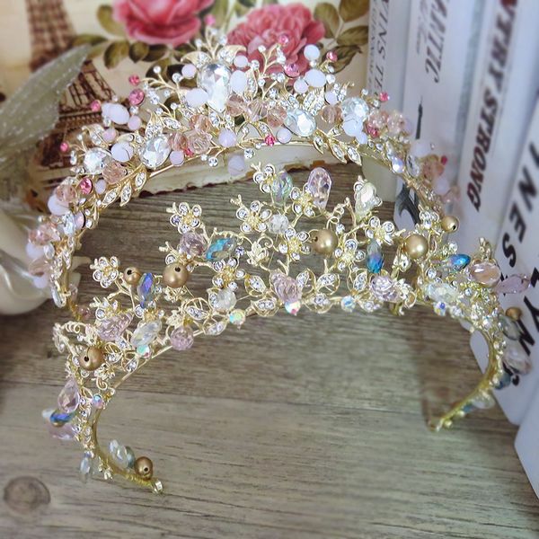 Jóias de cabelo de casamento Jóias de cabelo de noiva barroco feito à mão com contas cor de ouro rosa coroas de cristal tiara doce princesa tiaras acessórios de cabelo de casamento 230808