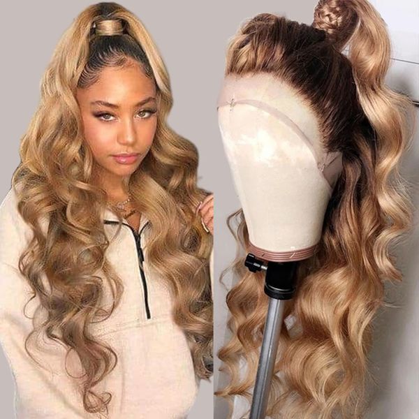 Menschliche Chignons, gewellt, blond, Lace-Front-Perücke, Haar-Frontal-Perücken, 76,2 cm, Farbe, dunkle Wurzeln, HD, ohne Kleber, 230807