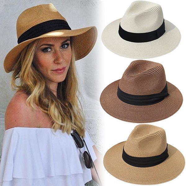 Шляпа шляпы широких краев ведро унисекс Панама Соломка для женщин Мужские мужчины Летнее пляжное солнце