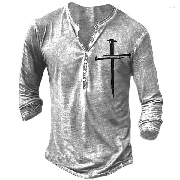 Herren-T-Shirts, Jesus-Kreuz-Stil, Henley-Hemd, Knopf-T-Shirts, Frühlings-Herbst-Imitat-Baumwolle, V-Ausschnitt, lange Ärmel, Straßenoberteile, Herrenbekleidung